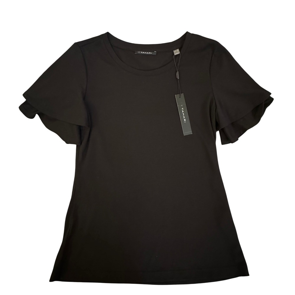 T Tahari Black Ruffle Double Layer Short Sleeve Crew Neck Top XS New With Tags